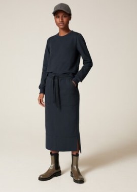 MEandEM Sweatshirting Column Skirt | casual navy blue sweat fabric midi skirts | drawcord waist | womens sportswear inspired fashion
