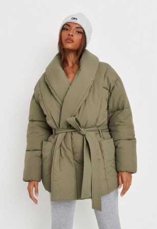MISSGUIDED tall khaki oversized belted shawl puffer jacket – women’s green on-trend padded jackets – womens fashionable winter tie waist outerwear - flipped