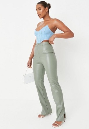MISSGUIDED tall olive faux leather split hem trousers – on-trend green slit leg trousers - flipped