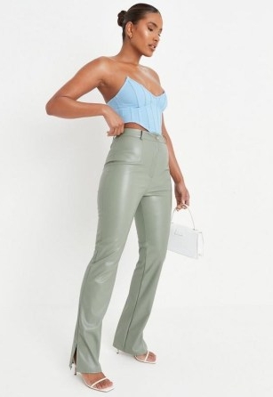MISSGUIDED tall olive faux leather split hem trousers – on-trend green slit leg trousers