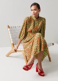 L.K. BENNETT TAMARA MINT AND RED BLOSSOM PRINT SILK DRESS ~ floral print high neck puffball sleeve dresses