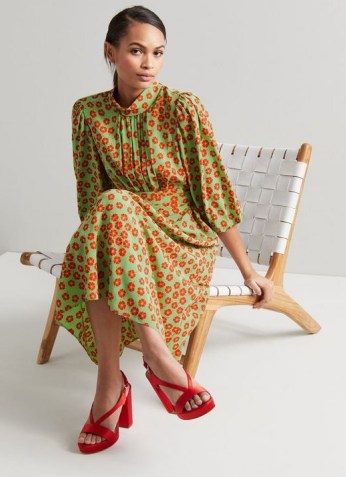 L.K. BENNETT TAMARA MINT AND RED BLOSSOM PRINT SILK DRESS ~ floral print high neck puffball sleeve dresses - flipped