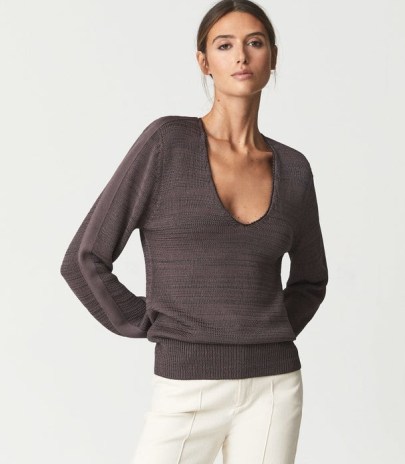 Reiss TAYLOR CONTRAST TRIM KNITTED JUMPER PURPLE | deep V-neck jumpers - flipped