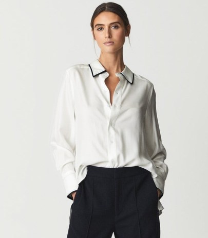 REISS TAYLOR NAVY TIPPED SHIRT BLOUSE WHITE ~ women’s soft-touch silk-blend luxe style shirts - flipped