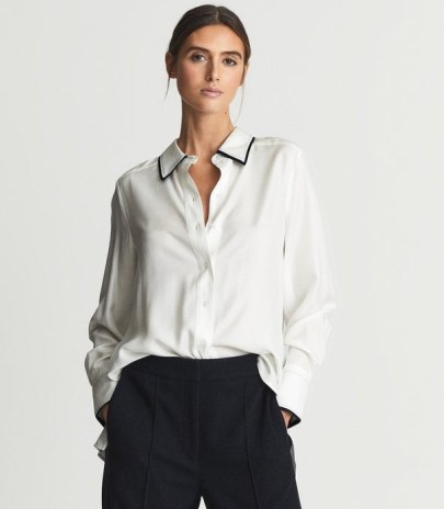 REISS TAYLOR NAVY TIPPED SHIRT BLOUSE WHITE ~ women’s soft-touch silk-blend luxe style shirts