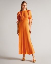 Ted Baker LYSETTE Tie Detail Satin Tea Dress in Orange | vintage style occasion dresses | women’s retro fashion | empire waist | puffed tie detail sleeves
