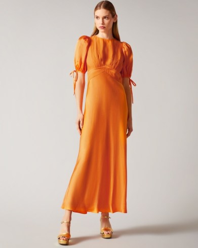 Ted Baker LYSETTE Tie Detail Satin Tea Dress in Orange | vintage style occasion dresses | women’s retro fashion | empire waist | puffed tie detail sleeves - flipped
