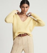 Reiss TRINNY RIBBED CASHMERE BLEND DEEP V JUMPER YELLOW | spring 2022 knitwear