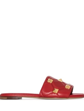 Valentino Garavani Roman Stud red leather sandals | designer studded flats - flipped