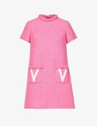 VALENTINO Logo-embellished virgin-wool and silk-blend tweed mini dress in Eclectic Pink ~ vintage style short sleeve A-line dresses