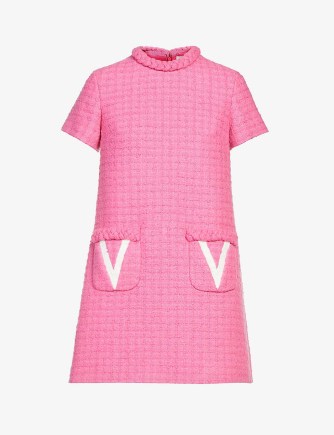 VALENTINO Logo-embellished virgin-wool and silk-blend tweed mini dress in Eclectic Pink ~ vintage style short sleeve A-line dresses - flipped