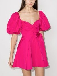 Valentino puff-sleeve V-neck minidress in fuchsia – bright pink volume sleeved flared hem mini dress – wrap style sweetheart neckline party dresses