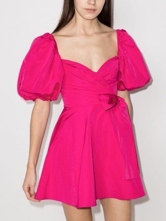 Valentino puff-sleeve V-neck minidress in fuchsia – bright pink volume sleeved flared hem mini dress – wrap style sweetheart neckline party dresses