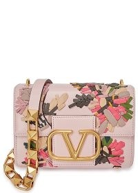 Valentino Garavani Stud Sign embroidered pink leather shoulder bag / floral handbags / designer bags
