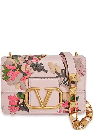 Valentino Garavani Stud Sign embroidered pink leather shoulder bag / floral handbags / designer bags - flipped