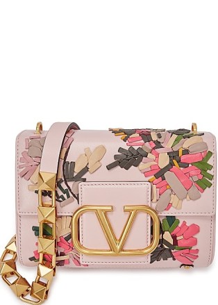 Valentino Garavani Stud Sign embroidered pink leather shoulder bag / floral handbags / designer bags