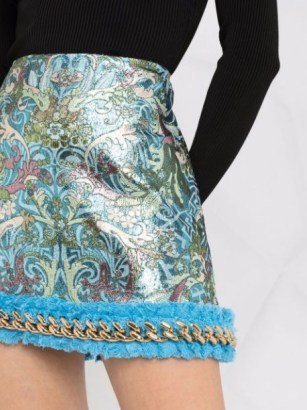 Versace floral fringed chain-trim skirt in light blue ~ luxe metallic look skirts ~ high shine designer fashion - flipped