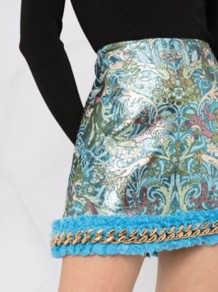 Versace floral fringed chain-trim skirt in light blue ~ luxe metallic look skirts ~ high shine designer fashion