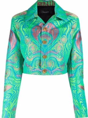 Versace Medusa Music cropped jacket in green / multi ~ women’s crop hem retro print jackets ~ womens 70s inspired fashion - flipped