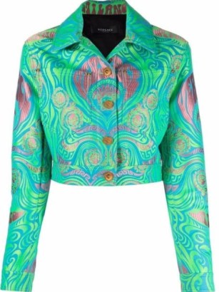 Versace Medusa Music cropped jacket in green / multi ~ women’s crop hem retro print jackets ~ womens 70s inspired fashion