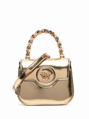 Versace Medusa polished leather bag ~ small luxe gold tone bags ~ chain top handle handbags ~ metallic crossbody - flipped