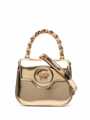 Versace Medusa polished leather bag ~ small luxe gold tone bags ~ chain top handle handbags ~ metallic crossbody