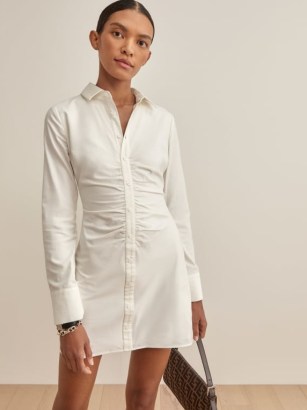 REFORMATION Vicki Dress in White ~ chic ruched front shirt style mini dresses - flipped