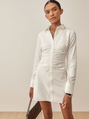 REFORMATION Vicki Dress in White ~ chic ruched front shirt style mini dresses