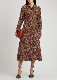 VICTORIA BECKHAM Floral-print satin shirt dress ~ long sleeve brown and orange collared midi dresses