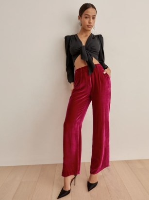 REFORMATION Wes Velvet Pant in Rhubarb ~ pink luxe style trousers - flipped