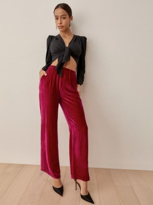 REFORMATION Wes Velvet Pant in Rhubarb ~ pink luxe style trousers
