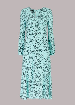 WHISTLES INEZ ABSTRACT TIGER MIDI DRESS – long sleeve V-neck animal print dresses - flipped