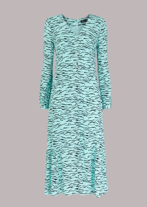 WHISTLES INEZ ABSTRACT TIGER MIDI DRESS – long sleeve V-neck animal print dresses