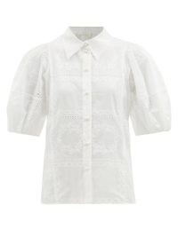 CHLOÉ Floral-embroidered cotton-voile blouse in white – voluminous puff sleeve blouses – feminine volume sleeved shirts