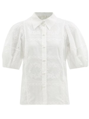 CHLOÉ Floral-embroidered cotton-voile blouse in white – voluminous puff sleeve blouses – feminine volume sleeved shirts