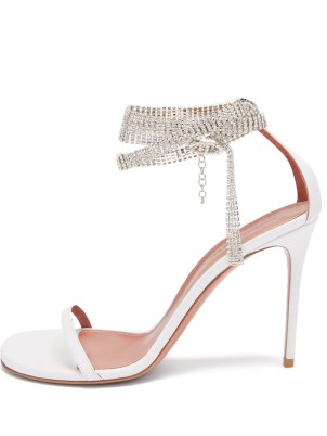 AMINA MUADDI Georgia crystal-strap white leather sandals | ankle wraparound barely there high heels with crystals | luxury party footwear - flipped