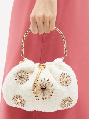 ROSANTICA X Anna dello Russo Fatale Luminaria white bouclé bag ~ floral embellished top handle bags ~ textured evening occasion handbag - flipped