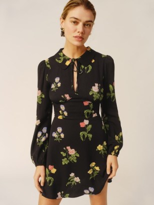 Reformation Will Dress in Night Bloom – black floral long sleeve collared mini dresses - flipped