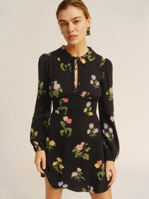 Reformation Will Dress in Night Bloom – black floral long sleeve collared mini dresses