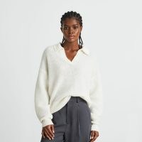 EVERLANE The Alpaca Waffle-Stitch Polo in Snow | womens luxe collared knitted tops | oversized drop shoulder pullovers | stylish sweaters | women’s effortless style relaxed fit jumpers