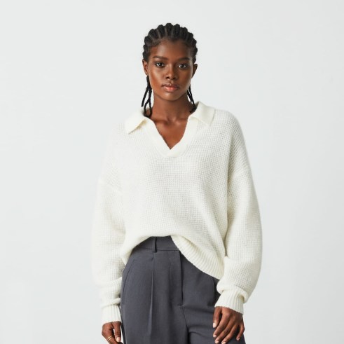 EVERLANE The Alpaca Waffle-Stitch Polo in Snow | womens luxe collared knitted tops | oversized drop shoulder pullovers | stylish sweaters | women’s effortless style relaxed fit jumpers - flipped