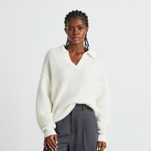 EVERLANE The Alpaca Waffle-Stitch Polo in Snow | womens luxe collared knitted tops | oversized drop shoulder pullovers | stylish sweaters | women’s effortless style relaxed fit jumpers