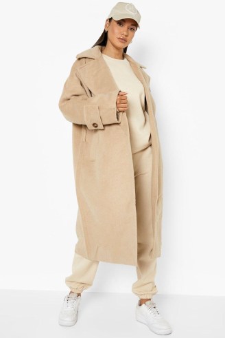 boohoo Belted Wool Look Coat in Camel ~ light brown open front coats - flipped