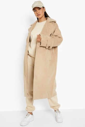 boohoo Belted Wool Look Coat in Camel ~ light brown open front coats