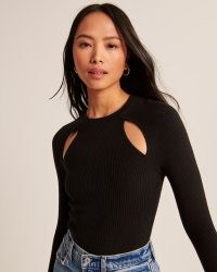 Abercrombie & Fitch Collarbone Cutout Slim Top Black – long sleeve sweater knit cut out tops