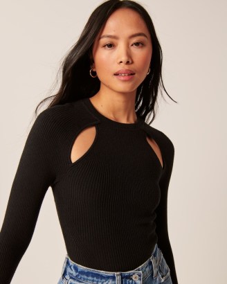 Abercrombie & Fitch Collarbone Cutout Slim Top Black – long sleeve sweater knit cut out tops - flipped