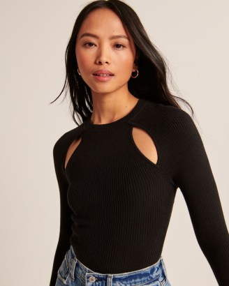 Abercrombie & Fitch Collarbone Cutout Slim Top Black – long sleeve sweater knit cut out tops