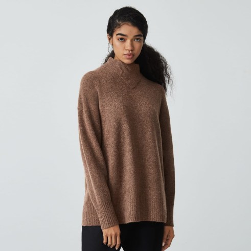 EVERLANE The Cozy-Stretch Pullover | mocha brown relaxed fit high neck pullovers | womens chic drop shoulder jumpers - flipped