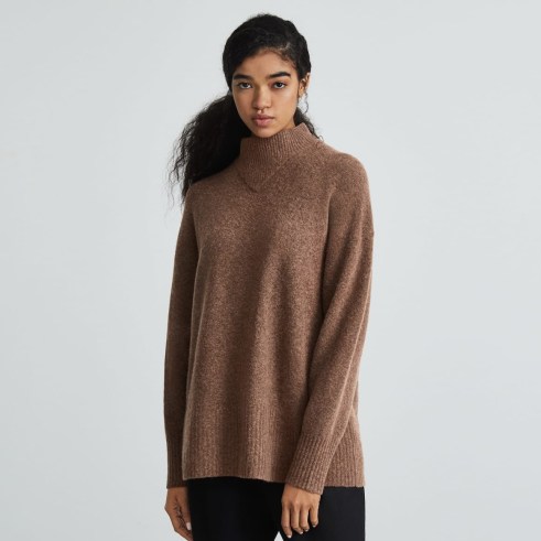 EVERLANE The Cozy-Stretch Pullover | mocha brown relaxed fit high neck pullovers | womens chic drop shoulder jumpers