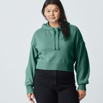 EVERLANE The Cropped Hoodie in ReCashmere in Dark Mint ~ womens green crop hem knitted hoodies - flipped